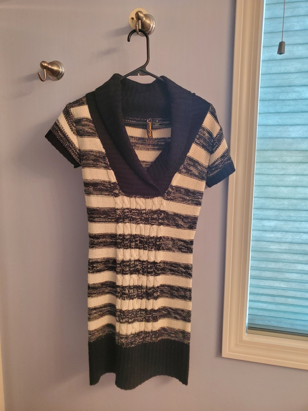 Striped Black and White Short-Sleeve Sweater Dress with Shawl Collar